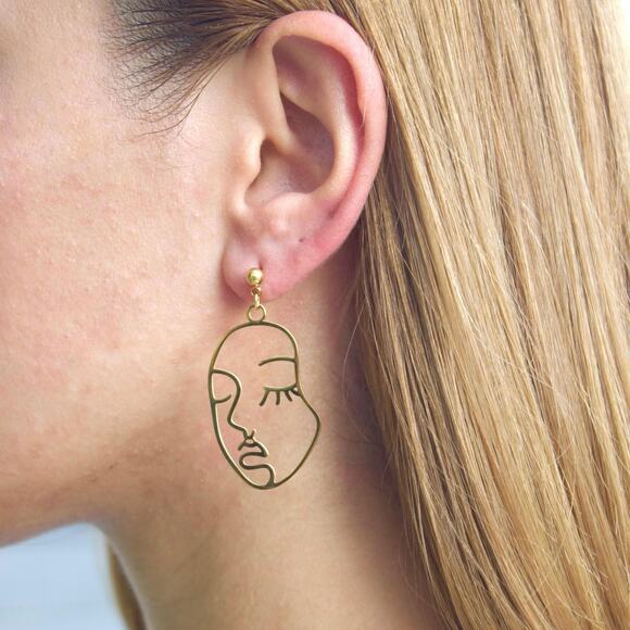 Abstract Face Earrings, Gold Stainless Steel Modern Art Hoops - Picture 1 of 5